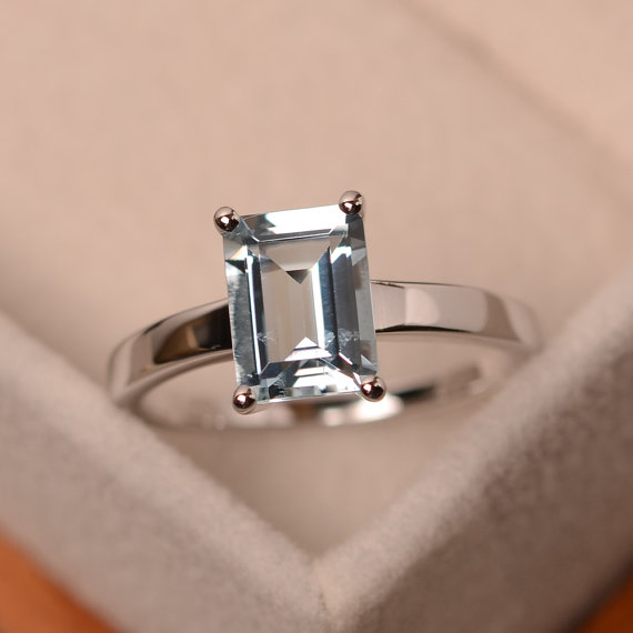 Natural Aquamarine Ring, Solitaire Ring, Sterling Silver, Blue Gemstone, Engagement Ring, Emerald Cut