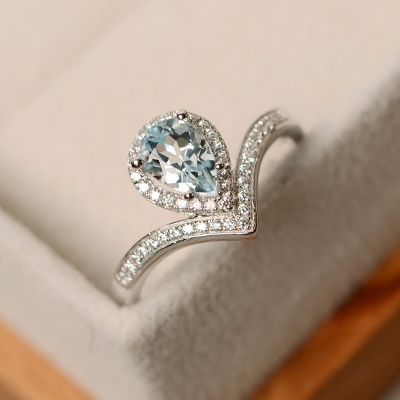 Aquamarine Ring, Pear Cut, Sterling Silver, Engagement Ring, March Birthstone