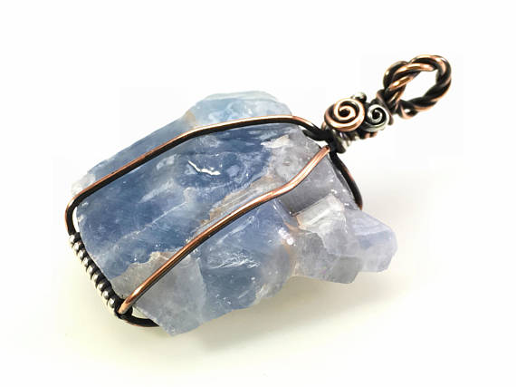 Blue Calcite Pendant: Raw Gemstone Healing Crystal Specimen Wire-wrapped With Hypoallergenic Nickel Free Copper & Sterling Silver, Ooak Gift