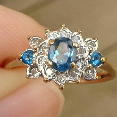 Size 6, Blue Zircon, Diamond, 9k Yellow Gold Ring, Promise Ring, Engagement, Wedding, Something Blue, Gorgeous Ring
