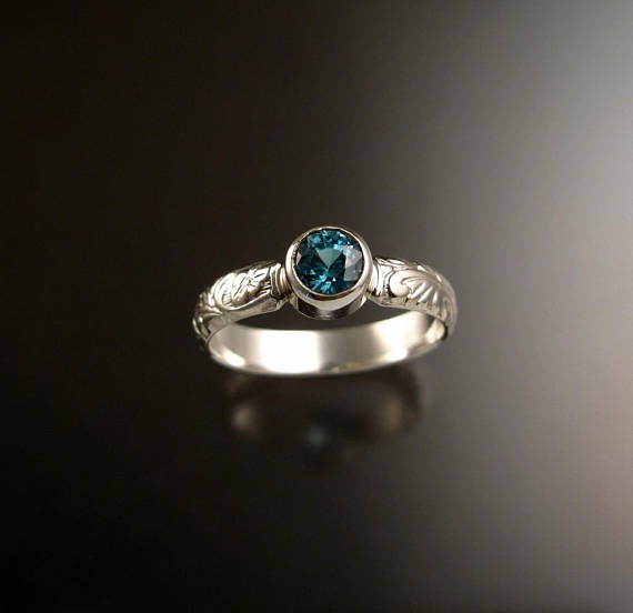 Blue Zircon Ring Sterling Silver Blue Diamond Substitute Victorian Floral Pattern Ring Made To Order In Your Size