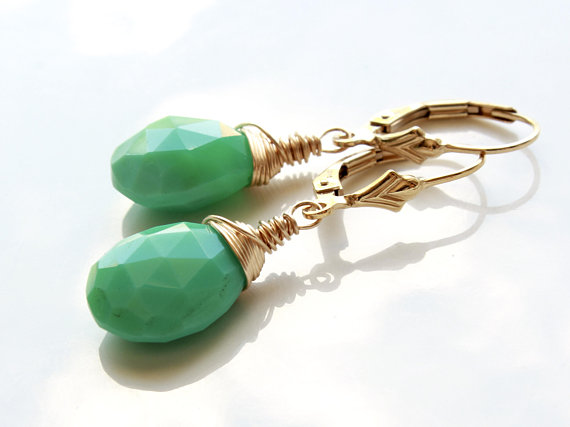 Chrysoprase Gold Filled Sterling Silver Earrings Wire Wrapped Green Gemstone Simple Minimalist Dangle Drops May Birthstone Gift For Her 4792