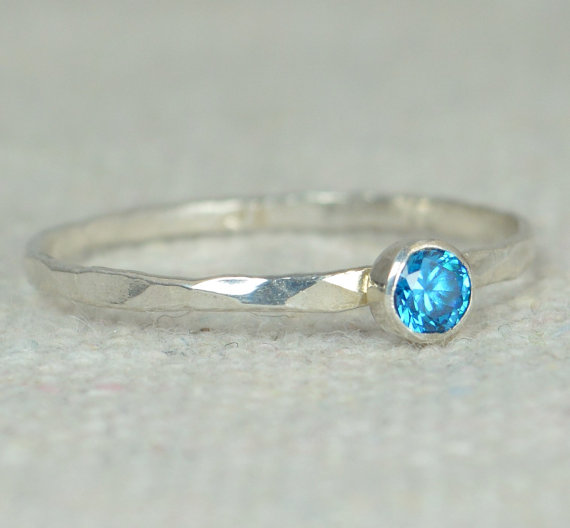 Dainty Blue Zircon Ring, Silver Blue Zircon Ring,  Stackable Ring, Mothers Ring, December Birthstone, December Ring, Skinny Ring, Thin Ring