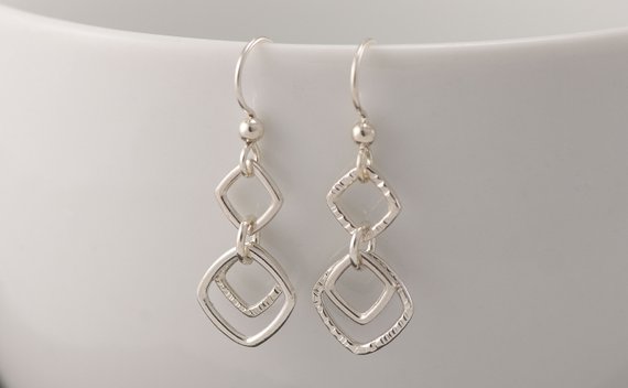 Silver Geometric Earrings- Sterling Silver Square Earrings- Silver Diamond Chevron Earrings- Sterling Silver Dangle Earrings