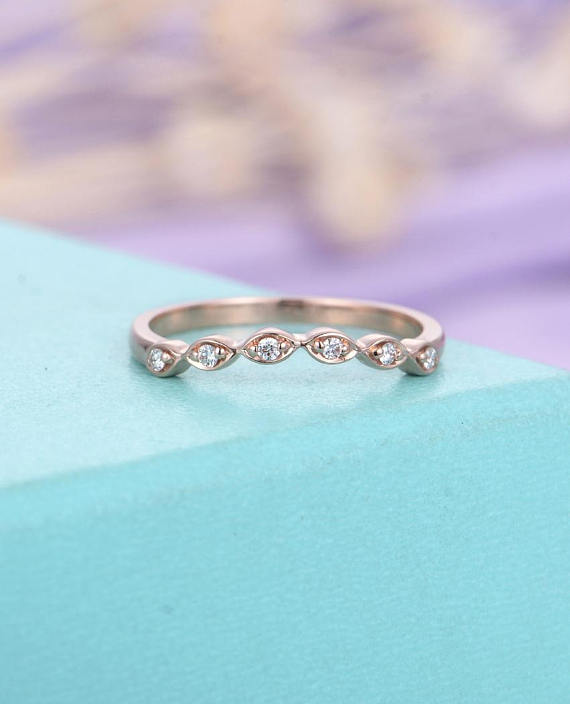Curved Art Deco Wedding Band Diamond Antique Rose Gold Milgrain Vintage Bridal Set Stacking Ring Half Eternity Unique Promise Ring