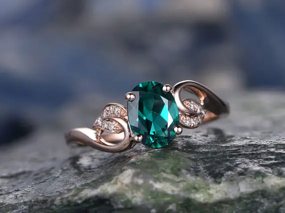 Oval Green Emerald Engagement Ring 14k Rose Gold Handmade May Birthstone Diamond Ring Unique Floral Design Gift Wedding Bridal Antique Ring