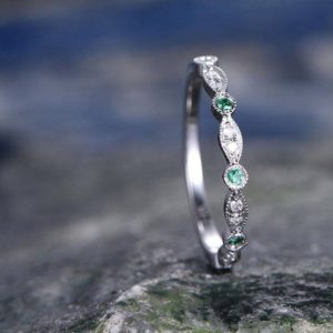 Natural emerald wedding ring band half eternity diamond wedding band 14k rose gold art deco marquise engagement May birthstone promise ring | Natural genuine Emerald jewelry. Buy handcrafted artisan wedding jewelry.  Unique handmade bridal jewelry gift ideas. #jewelry #beadedjewelry #gift #crystaljewelry #shopping #handmadejewelry #wedding #bridal #jewelry #affiliate #ad
