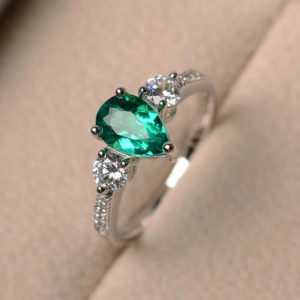 Pear cut gemstone, lab emerald ring, engagement ring, green gemstone ring, sterling silver ring, May birthstone ring Pear cut gemstone, lab emerald ring, engagement ring, green gemstone ring, sterling silver ring, May birthstone ring