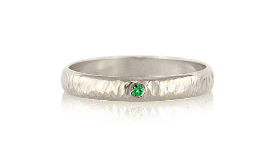 Emerald Wedding Band 14k Palladium White Gold Hammered Ring - 3mm Wide Unisex Ring Mens Ring Womans Ring - May Birthstone Ring Wedding Ring