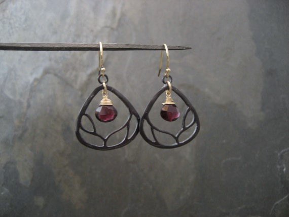 Branch Earrings With Garnet - Black Sterling Silver And Goldfilled