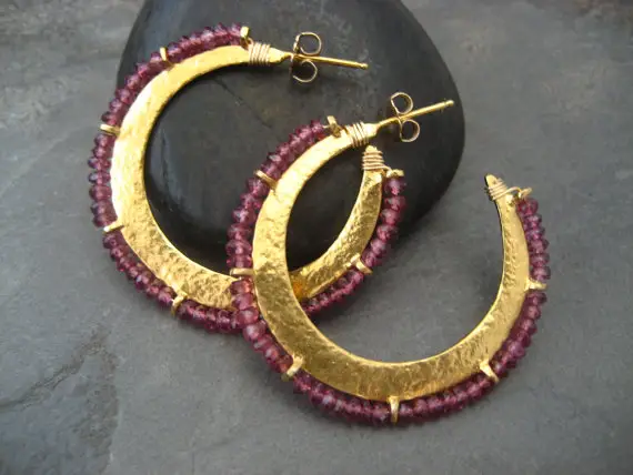 Rhodolite Garnet Crescent Hoop Earrings, Beaded Moon Shape Hoops,  Textured Satin Gold With Genuine Gemstones