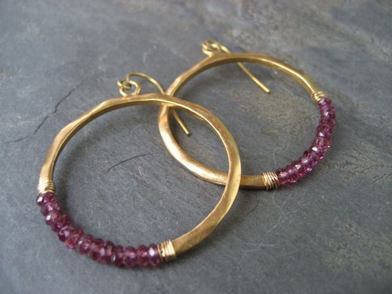 Rhodolite Garnet Circle Earrings, Round Beaded Dangle, Berry Red Faceted Rondelle Gemstones, Gold Crescent Hoops