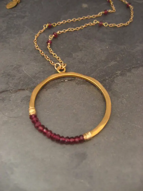 Rhodolite Garnet Crescent Circle Pendant, Moon Necklace, Berry Red Faceted Rondelle Beaded Necklace, Gold And Garnet