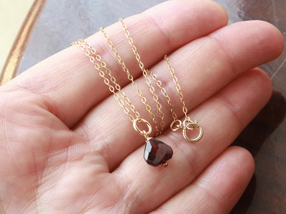 Garnet Gold Filled Necklace Wire Wrapped Deep Red Gemstone Dainty Pendant Charm January Birthstone Mothers Day Gift For Her Mom Wife 4480