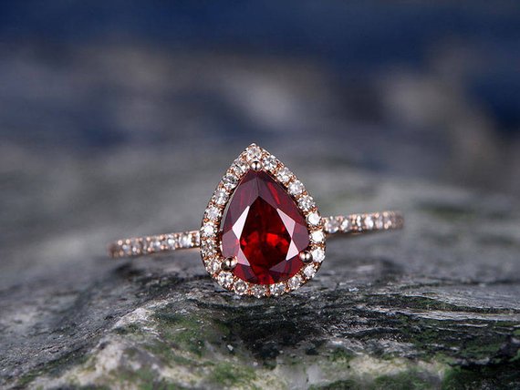 Garnet Engagement Ring-solid 14k Rose Gold-handmade Fine Halo Diamond Bridal Ring-stacking Band-6x8mm Tear Droped Cut Gemstone Promise Ring