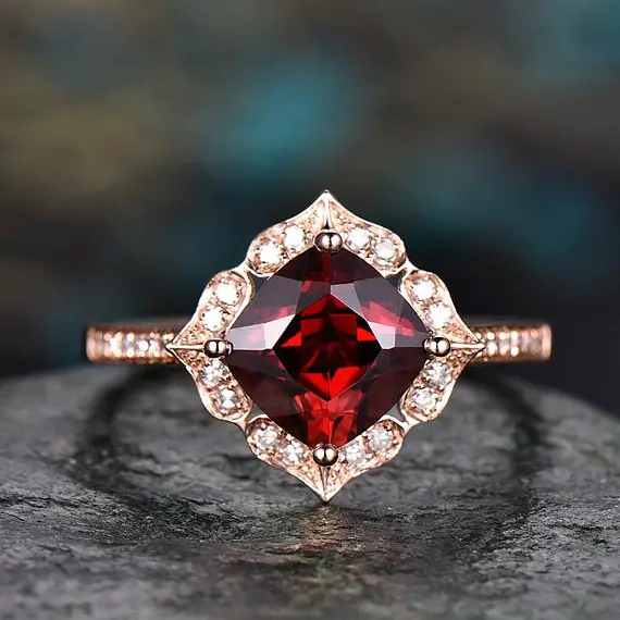 Red Natural Garnet Engagement Ring-solid 14k Rose Gold-handmade Diamond Wedding Ring Band -stacking Ring-7mm Cushion Shape Gemstone-floral