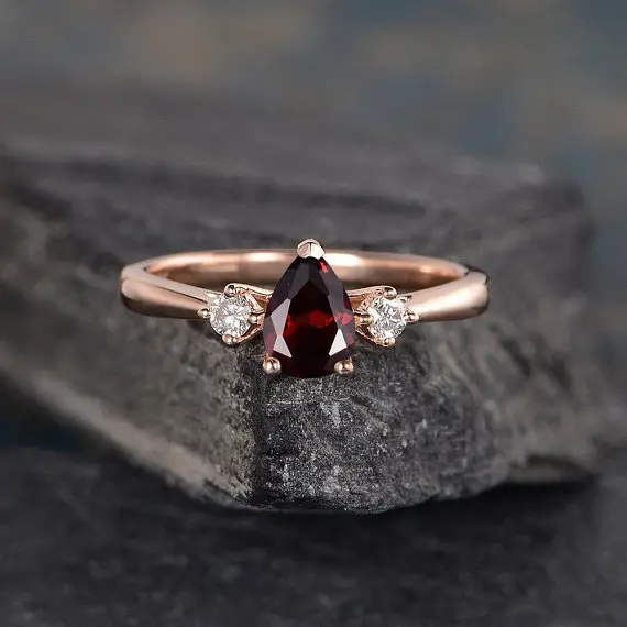 Three Stone Garnet Engagement Ring Pear Shaped Rose Gold 3 Stone Bridal Diamond Women Anniversary Gift Drop Tear Wedding Rainbow