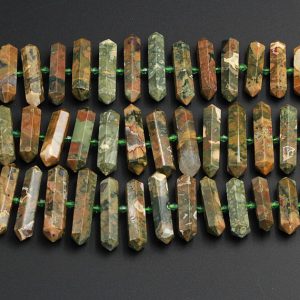 Shop Jasper Faceted Beads! AAA Natural Rainforest Rhyolite Jasper Faceted Double Terminated Pointed Tips Center Drilled Large Healing Focal Pendant Bead 15.5" Strand | Natural genuine faceted Jasper beads for beading and jewelry making.  #jewelry #beads #beadedjewelry #diyjewelry #jewelrymaking #beadstore #beading #affiliate #ad