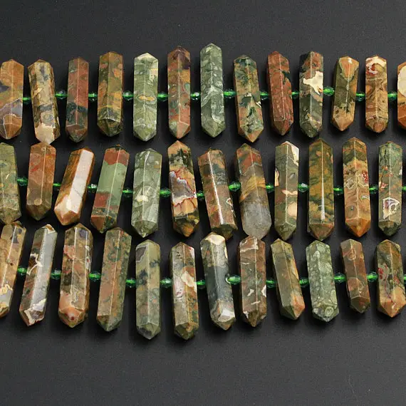 Aaa Natural Rainforest Rhyolite Jasper Faceted Double Terminated Pointed Tips Center Drilled Large Healing Focal Pendant Bead 15.5" Strand