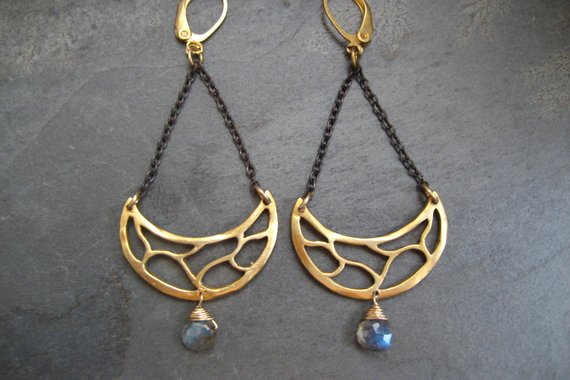 Labradorite Earrings, Chandelier Earrings, Statement Earrings, Half Moon Dangle, Mixed Metal Earrings, Black And Gold, Genuine Labradorite