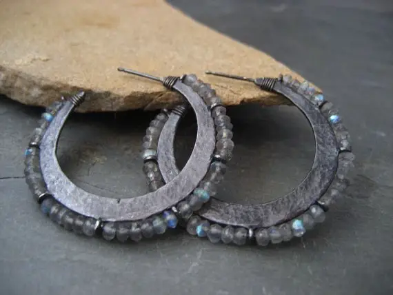 Crescent Hoop Earrings With Labradorite  - Solid Sterling Silver