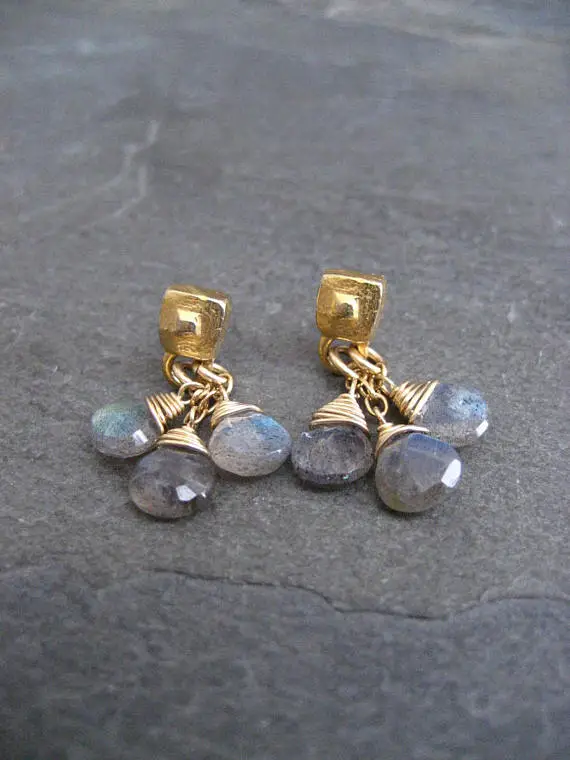 Labradorite Earrings, Small Dangle, Color Flash, Faceted Labradorite, Briolette Cluster, Tiered Earrings, Square Studs, Genuine Labradorite