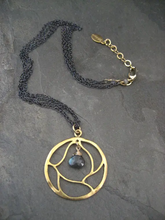 Labradorite Pendant, Branch Necklace, Circle Pendant, Mixed Metal,