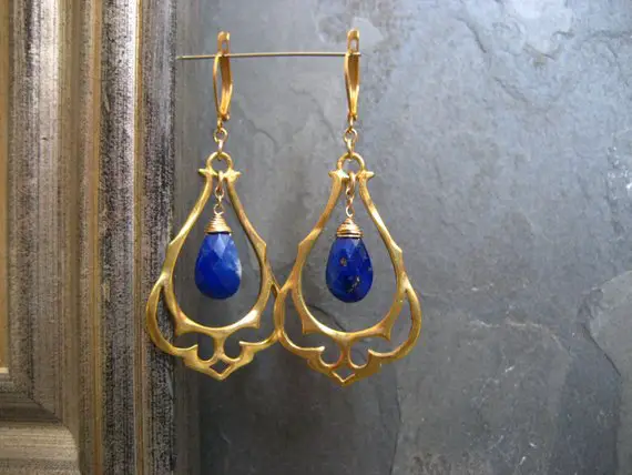 Lapis Chandelier Earrings, Blue Ornate Dangle, Gold Statement Earrings, Genuine Gemstone, Fancy Earrings, Medium Size
