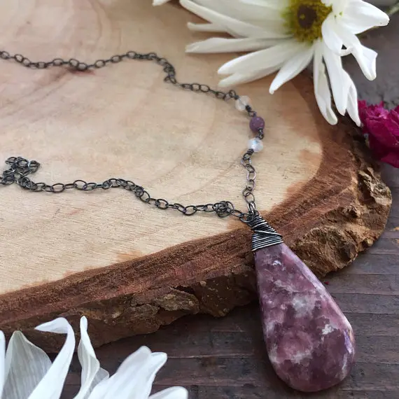 Lepidolite Necklace - Purple Necklace - Raw Stone Jewelry - Calming Jewelry - Healing Crystal Necklace - Amethyst Necklace - Rustic Necklace