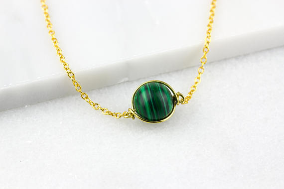 Malachite Pendant/ Malachite Wire Wrap/ Green Orb Pendant/ Dainty Green Pendant/ Green Stone Pendant