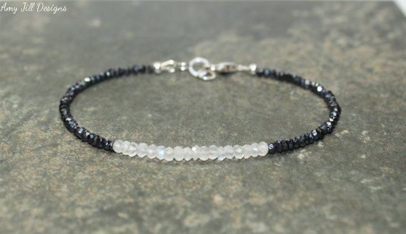 Mystic Black Spinel & Rainbow Moonstone Bracelet, Layering, Minimalist, Mystic Black Spinel Jewelry, Gemstone Bracelet