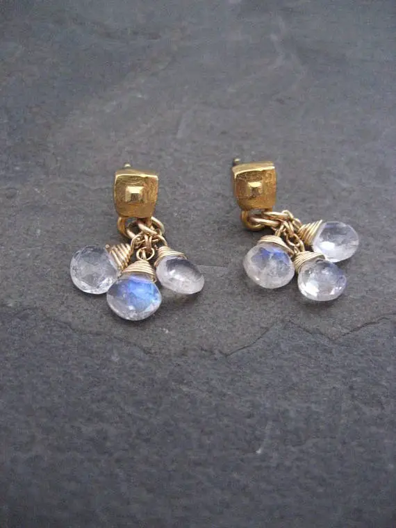 Natural Moonstone Earrings, Dainty Briolette Bead Dangle, Teardrop Cluster Drop, Genuine Rainbow Gemstone, Pale Blue Flash