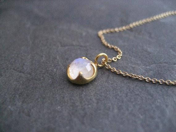 Moonstone Necklace, 14k Solid Gold, Dainty Pendant, Rose Cut Solitaire, Rainbow Moonstone, Blue Flash, Blue Gemstone, Trending Jewelry