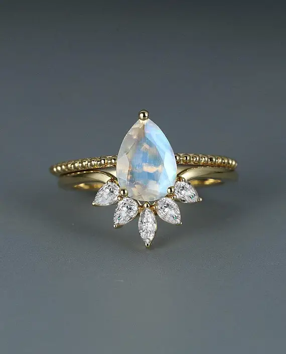 Pear Cut Moonstone Engagement Ring Curved Wedding Band Marquise Vintage Bridal Set Diamond Moissanite Milgrain Anniversary Promise Ring
