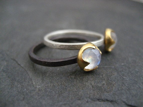 Moonstone Ring, Rainbow Moonstone, Mixed Metal Band, Solitaire Ring, Solid 14k Gold, Textured Ring, Thorn Ring, Stacking Ring
