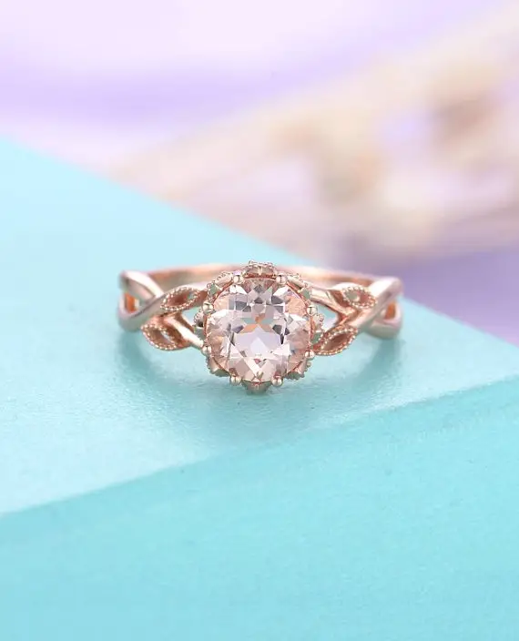 Morganite Engagement Ring Rose Gold Engagement Ring Vintage Art Deco Antique Diamond Wedding Ring  Bridal Promise Anniversary Ring