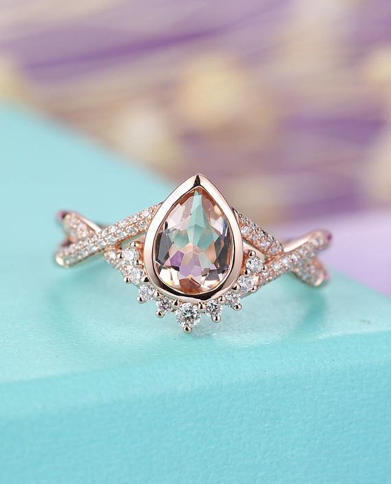 Morganite Engagement Ring Rose Gold Engagement Ring Vintage Art Deco Antique Diamond Twisted Wedding Women Bridal Anniversary Promise Ring
