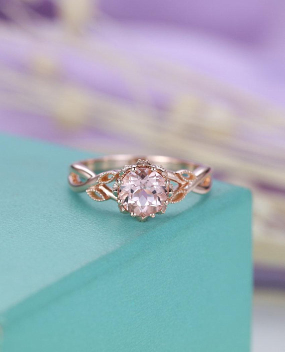 Morganite Engagement Ring Vintage Rose Gold Round Cut Diamond Women Wedding Unique Twisted Leaf Art Deco Milgrain Anniversary  Ring
