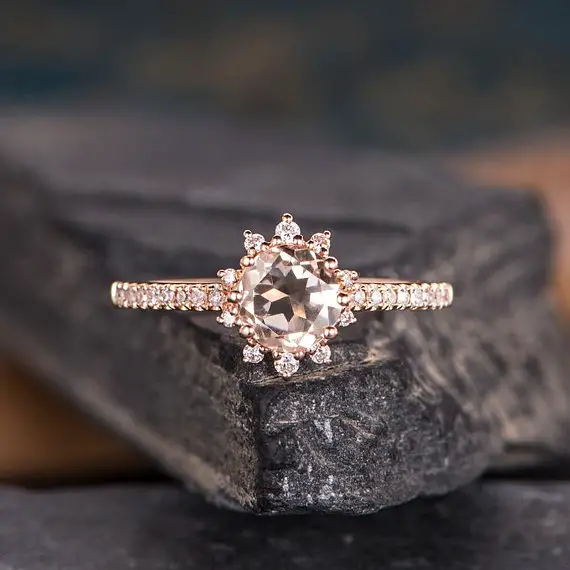 Rose Gold Morganite Engagement Ring Diamond Halo Antique Ring Round Cut Half Eternity Promise Ring Women Bridal Wedding Valentines Gift Gift