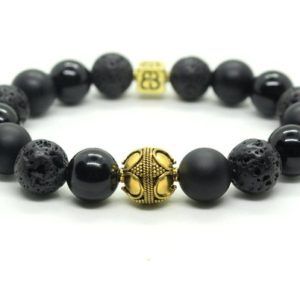 Handmade Natural Black Onyx Gemstone Matte Agate Beaded Stretchy Bracelet 7 Inch 
