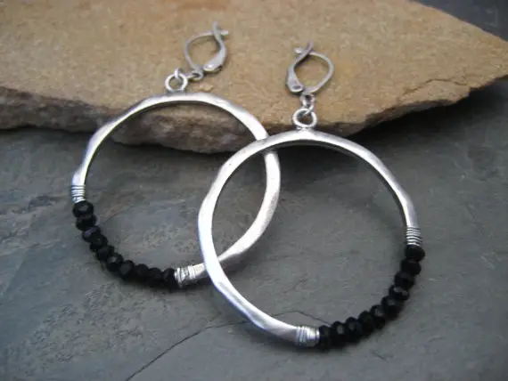Black Spinel Circle Earrings, Crescent Shaped Dangle Hoops, Beaded With Faceted Rondelle Beads