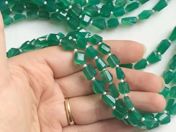 10-12mm Green Onyx Step Cut Faceted Tumbles, Green Onyx Beads, Natural Green Onyx For Necklace, Green Onyx Nuggets 32 Pcs In 14 Inch - Aga91