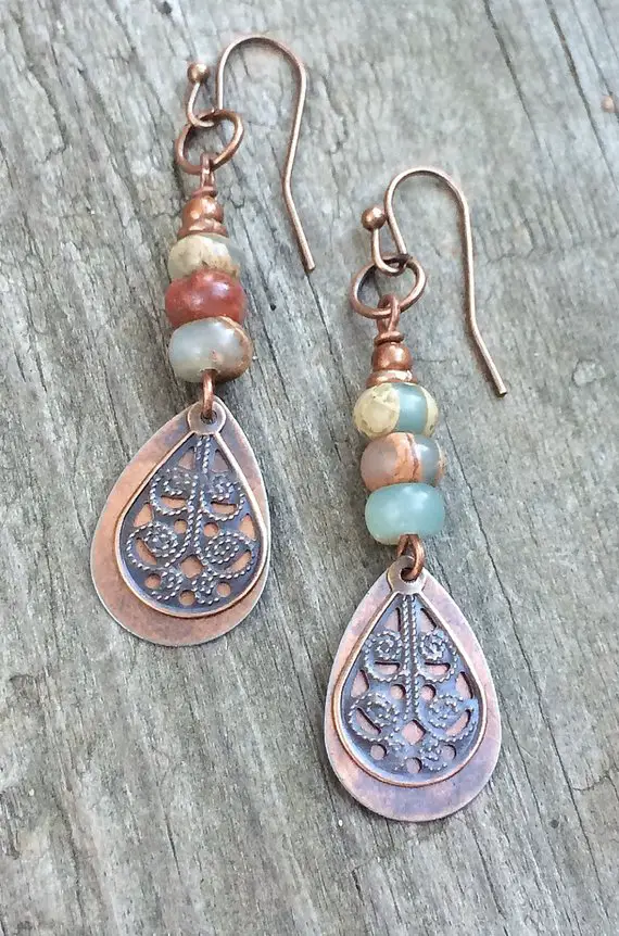 Copper Dangle Earrings, Copper Teardrop Earrings, African Opal Earrings, Natural Stone Earrings, Stone Jewelry, Earthy Earrings