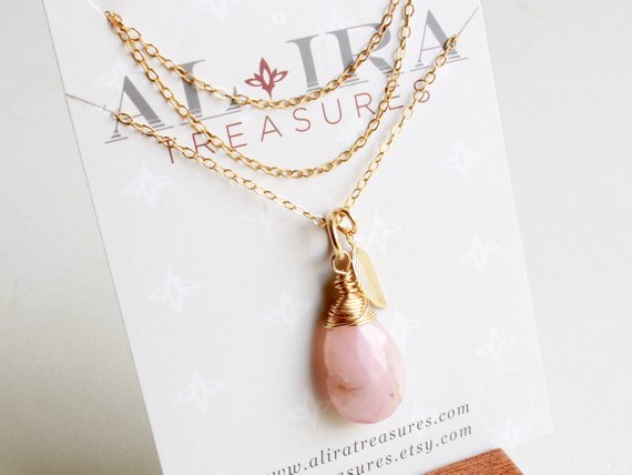 Pink Opal Gold Filled Pendant Necklace Wire Wrapped Gemstone Simple Minimalist Layering Choker October Birthstone Gift For Her Women 4788