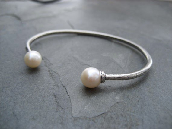Double Pearl Cuff, Cultured Pearl, Silver Cuff, Gold Cuff, Twin Pearl Bracelet, Open Bangle, Genuine Pearl, June Birthstone, Oval Bracelet
