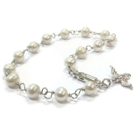 Pearl Bracelet-  Dove Charm Jewelry - Sterling Silver Jewellery - Wedding - Bird - White - Bridal - Bride - Peace B-210