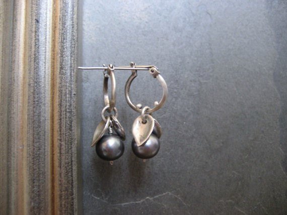 Pearl Earrings, Freshwater Pearls, Pearls And Leaves, Grey Blue Pearls, Small Hoops, Pearl Dangle, Pearl Hoops, Silver Hoops