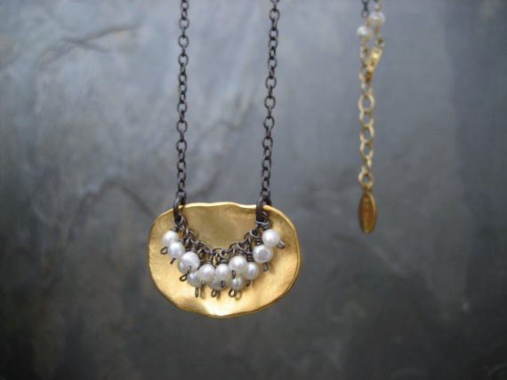 Pearl Pendant, Mixed Metal, Freshwater Pearl, Gold And Black, Oblong Pendant, Pearl Cluster, Mixed Metal, Black Oxidized, Gold Pendant