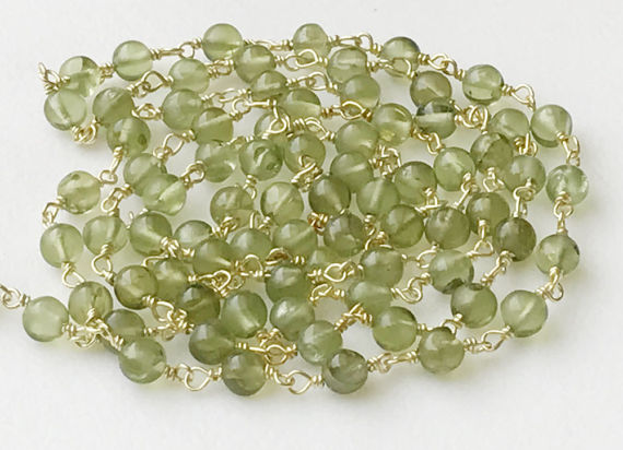 4.5mm Peridot Plain Round Ball Beads Connector Chains In 925 Silver Gold Polished Wire Wrapped Rosary Style Chain (1foot To 5feet Options)