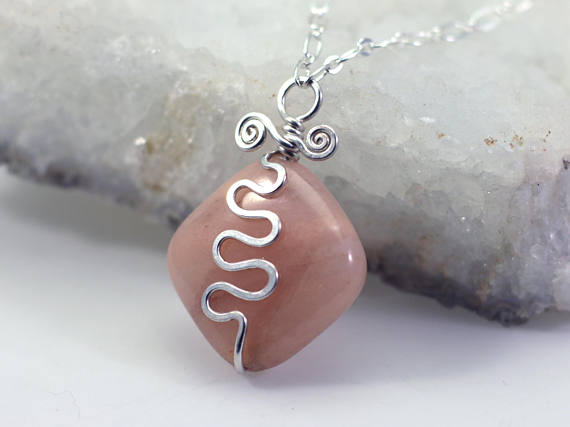 Pink Calcite Pendant Necklace: Hammered Hand-forged Silver-filled Rustic Wire Squiggle, Peach Gemstone, Adjustable Chain, Ooak Doodlepunkart